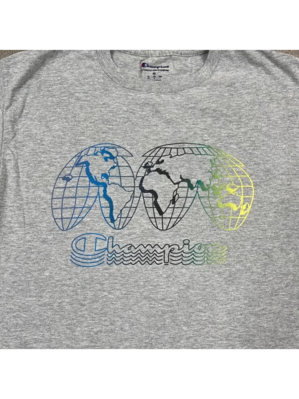 Champion T Shirt Adults Size M Gray Short Sleeve Globe Logo Graphic Casual Men's - Picture 2 of 6